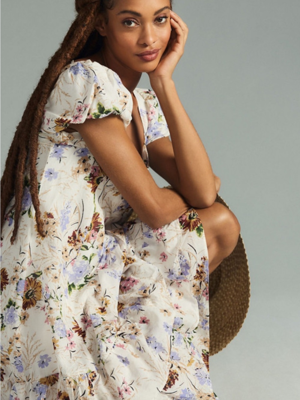 Anthropologie Floral Tiered Puff-Sleeve Midi Dress - White Size S - Picture 4 of 12